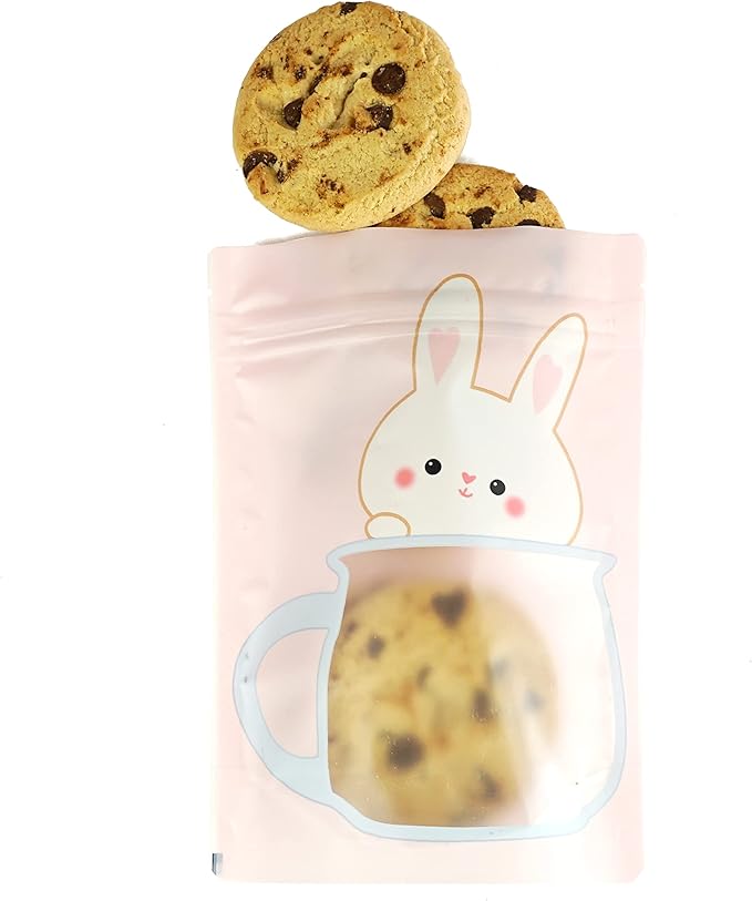 QQ Studio 100 Animal Designed Snack Bags, Plastic Bakery Bags, Cute Favor Bags for Snacks, Pastel Cookie Bags with Window, Zipper Seal Treat Storage Bags (6.25 Inch x 9 Inch, Pink Bunny)