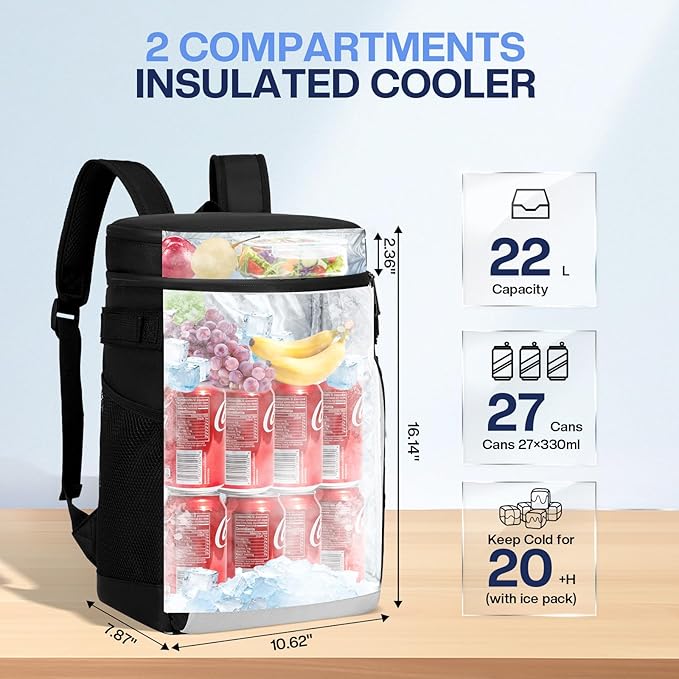 Bacgnyer Backpack Cooler Insulated Leakproof - Waterproof 22L Cooler Bag for Men & Women, Portable Soft Sided for Camping, Beach, Fishing, Lunch, Hiking with Magnetic Fold & Dry Storage Design