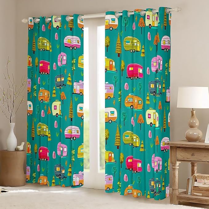 Feelyou Green Camper Camping Blackout Curtains RV Travel Trailer Darkening Drapes for Bedroom Living Room Decor Camping Theme Thermal Insulated Shades Window Treatments, 2 Panels 52 x 84 Inch