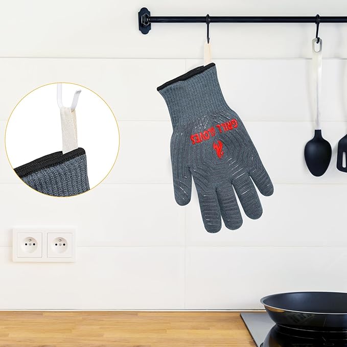 QUWIN BBQ Gloves, Oven Gloves 1472℉ Extreme Heat Resistant, Grilling Gloves Silicone Non-Slip Oven Mitts, Kitchen Gloves for BBQ, Grilling, Cooking, Baking-1 Pair… (Grey, One Size(Long Cuff))