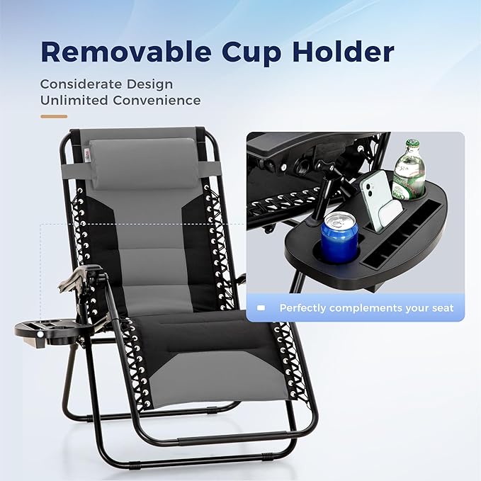 MAISON ARTS Oversized Padded Zero Gravity Chairs Set of 2, Folding Patio Lounge Chair, 28" Wide Seat Anti Gravity Recliners for Lawn Outdoor Camping Poolside Yard, Support 400lbs, Grey & Black