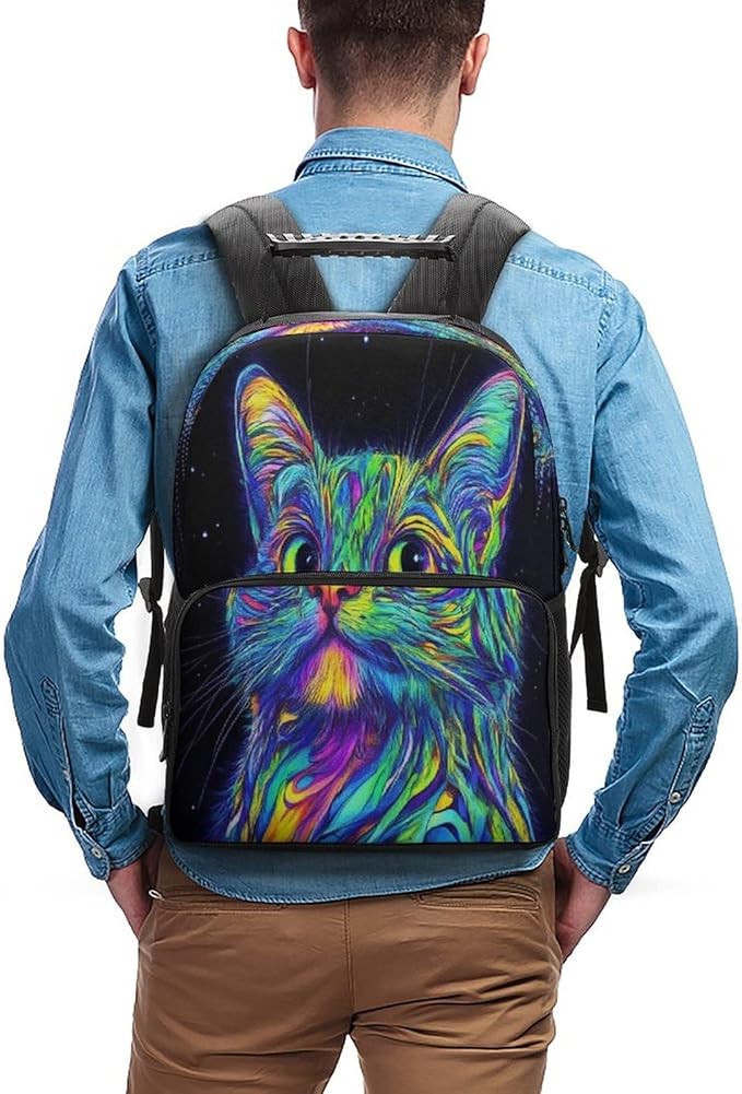Lightweight Daypack Bookbag for Trekking Business Walking Cycling, Big Capacity Anti-Theft Multipurpose Carry On Bag, Colorful Trippy Cat Business Computer Bag