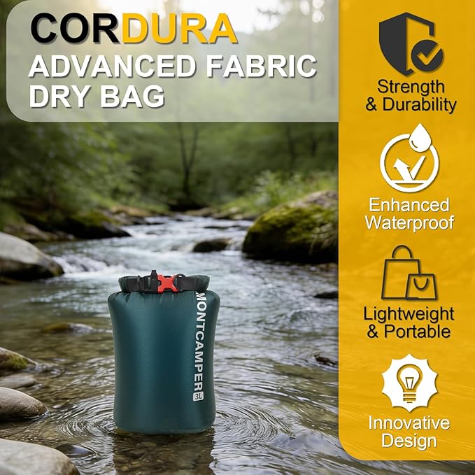 CORDURA Waterproof Dry Bag 3L – Heavy Duty IPX6 Roll Top Sack with Survival Whistle for Kayaking, Camping, Boating, Beach – Lightweight Dry Backpack (Dark Green)