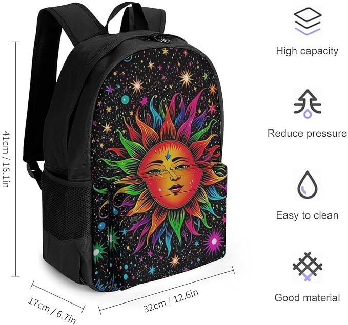 Supdreamc Rucksack Anti-Theft Multipurpose Large Capacity Carry On Bag, Glowing Sun And Moon Stars Art Travel Hiking Bag Day Pack With Side Pockets