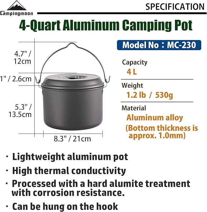 CAMPINGMOON Camping Pot 4-Quart Portable Campfire Cooking Hanging Pot Lightweight Aluminum MC-230