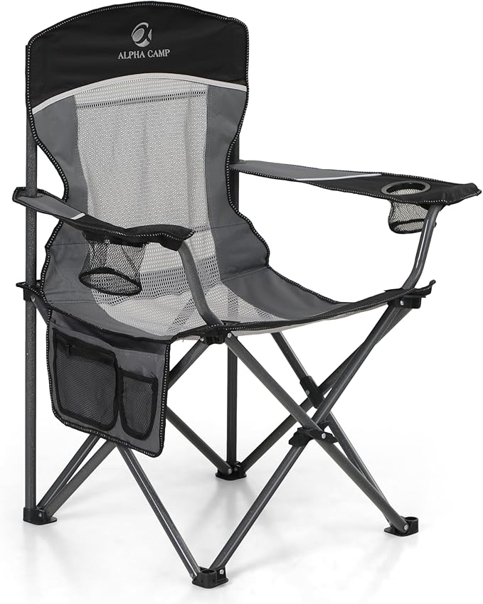 LET'S CAMP Mesh Back Camping Chair Portable Folding Heavy Duty Outdoor Chair Support 330 LBS Durable Large Arm Chair with Cup Holder and Carry Bag for Camp, Fishing, Hiking, Black