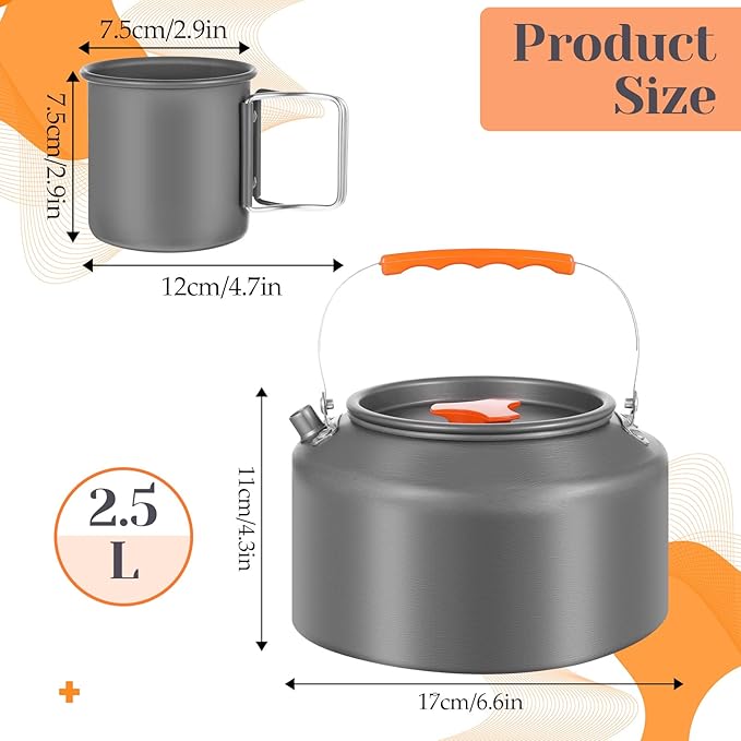 3 Pieces Camping Kettle 2.5 L Camp Tea Coffee Pot with 2 Cups & Carrying Bag Outdoor Campfire Camp Kettle Set for Open Fire, Outdoor Activity, Stove, Hiking, Backpacking