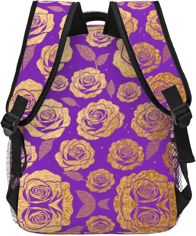 Men Women Lightweight Purple Gold Rose Art Backpack Large Capacity Carry On Bag With Padded Straps for Sports Work Walking Cycling