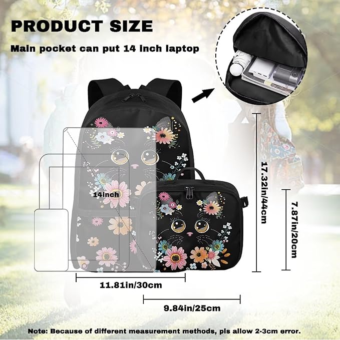 HUGS IDEA Floral Cat Backpack for Girls Cute Bookbag for Kids School Backpack for Girls with Lunch Box Lightweight School Bag for Elementary Students Hiking Rucksack