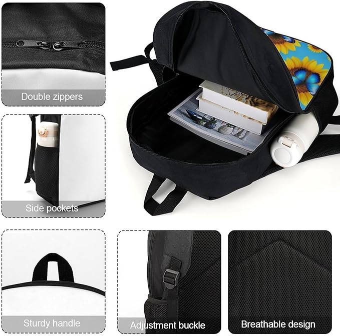 Sports Gym Outdoor Backpack Blue Monarch Butterfly Sunflower College Bookbag with Large Capacity Rucksack for Men Women