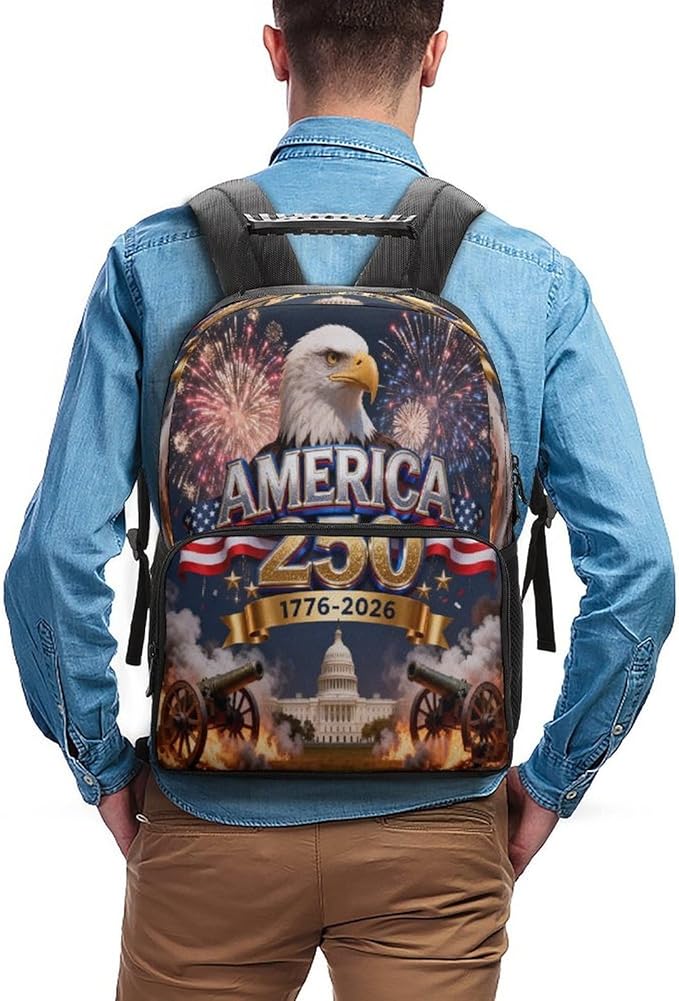 Men Women Polyester 250 Years 1776-2026 250th Birthday Eagle Liberty Art Daypack Backpack Large Capacity Carry On Bag With Smooth Zippers for Hiking Picnic Walking Cycling