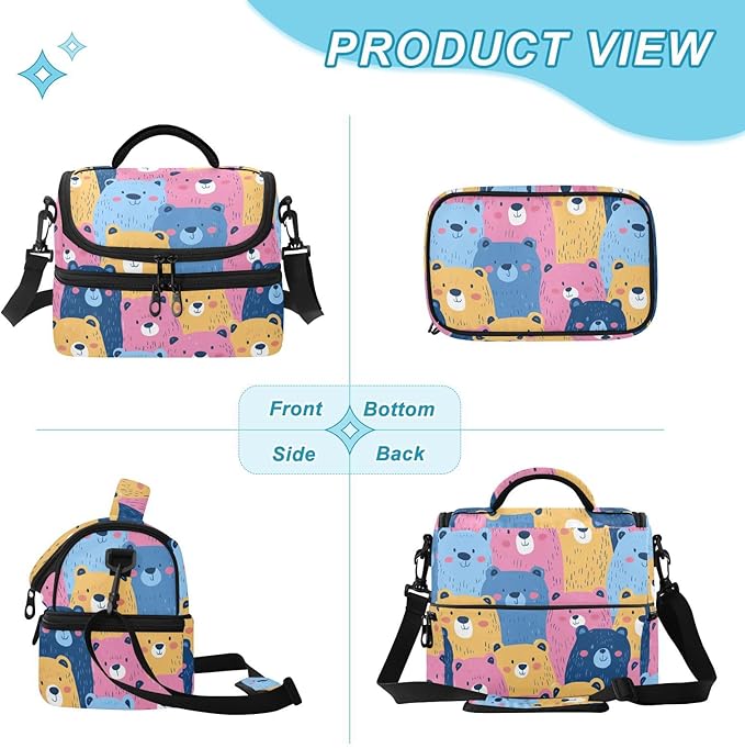 Double-Layer Lunch Bag Cartoon Bears Double Deck Cooler Bags with Detachable Shoulder Strap for Office Picnic Hiking Beach lonchera termo para comida Caliente