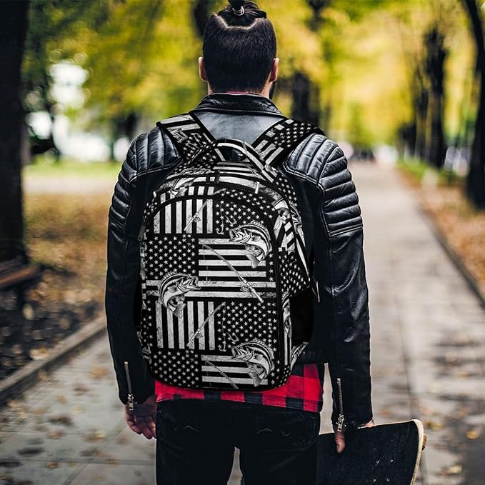 Waterproof Hiking Backpack Black And White American Bass Fishing Flag, Anti Theft Travel Laptop Rucksack with Multi Compartments for Men Women Outdoor Sports