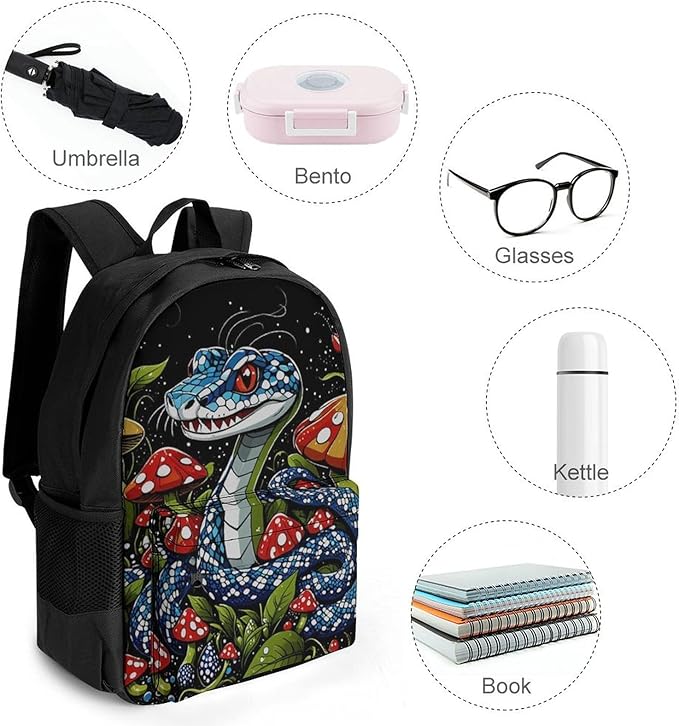 Men Women Lightweight Trippy Mushroom Snake Art Casual Daypack Big Capacity Bookbag With Padded Straps for Gym Travel Walking Cycling