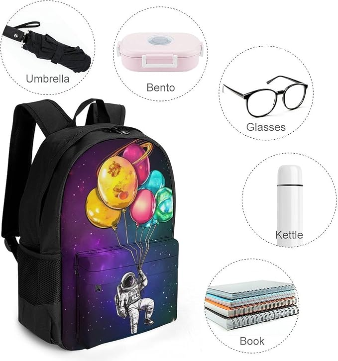 Polyester Daypack for Hiking Work Running, Big Capacity Anti-Theft Multipurpose Shoulder Bag, Planet Moon Balloon Astronaut Art Travel and Sport Backpack Rucksack