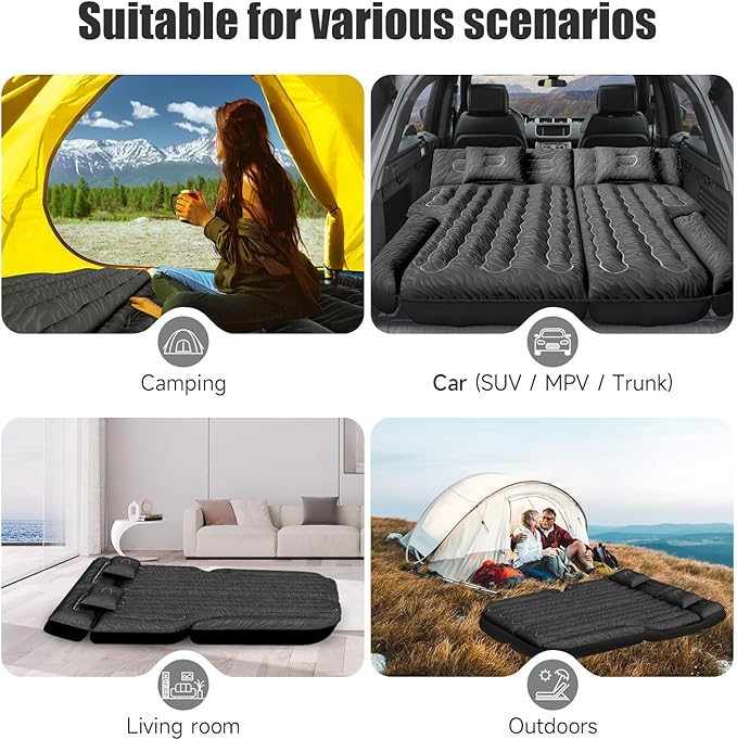 Inflatable SUV Air Mattress Bed Car Mattress for SUV, Double-Sided Flocking Travel Camping Bed, Car Sleeping Mattress for Universal SUV with Air Pump 2 Pillows