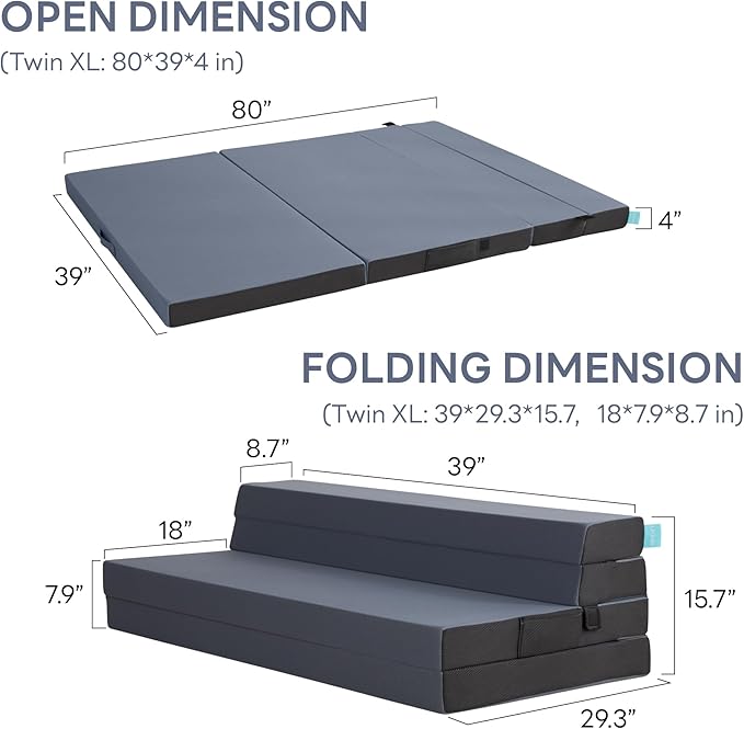 LIKIMIO Folding Mattress Twin XL, High Density Foam Mattress with Breathable and Washable Cover & Storage Bag, 4 Inch Foldable Mat Topper for Camping, RV and Yoga, Handle Design, Blue