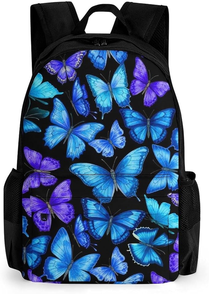 Shoulder Book Bags Polyester Multipurpose Anti-Theft Blue Butterflies Carry On Bag Large Capacity Travel Hiking Camping Rucksack