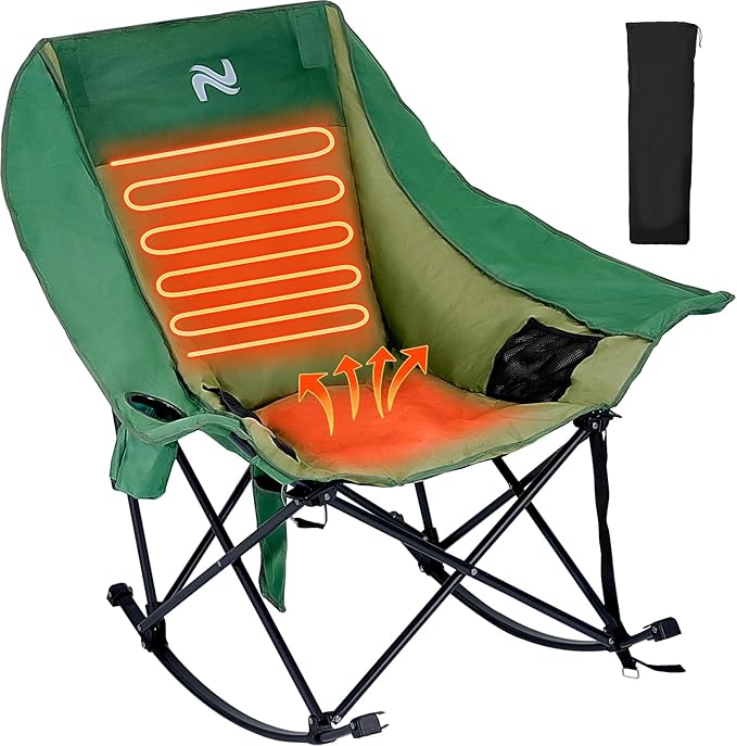 Begonia.K Oversized Heated Rocking Camping Chair - 400lbs Capacity Padded Camping Recliner w/ 3 Levels Back Seat Heat - Folding Lawn Chair with Side Pockets for Camp Patio Backyard