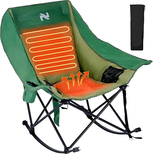 Begonia.K Oversized Heated Rocking Camping Chair - 400lbs Capacity Padded Camping Recliner w/ 3 Levels Back Seat Heat - Folding Lawn Chair with Side Pockets for Camp Patio Backyard