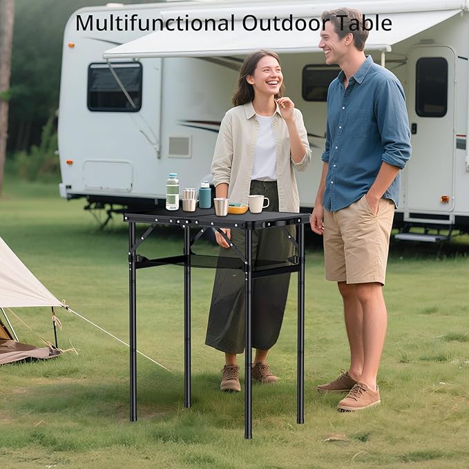 2ft Folding Camping Table Max 29.5" with Storage Net, 3 Adjustable Height Aluminum Small Folding Table, Portable Handle, Lightweight, for Travel Outdoor Beach Picnic Camp, 23.2" x 16", Black