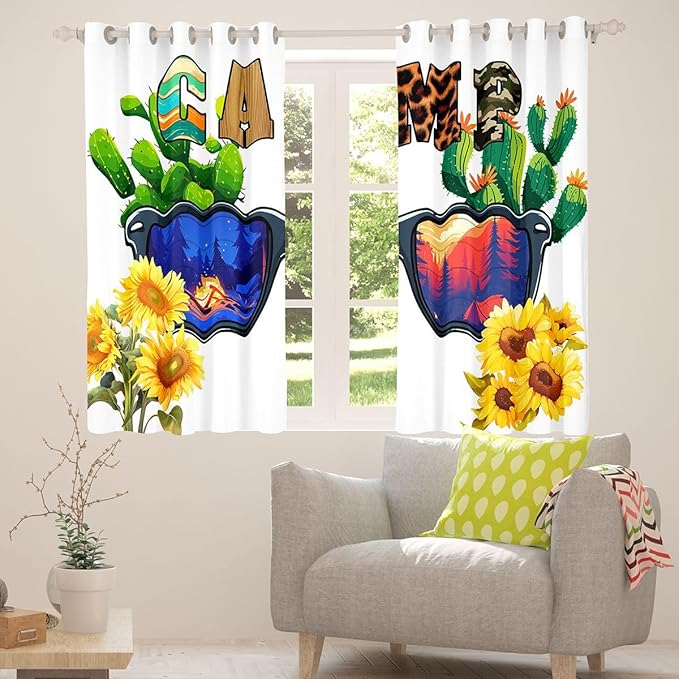Erosebridal Happy Camping Blackout Curtains for Bedroom Living Room Camp Tent Adventure Window Curtains 2 Panels 42" Wx63 L Animal Fur Print Camouflage Drapes,Tropical Cactus Window Treatments