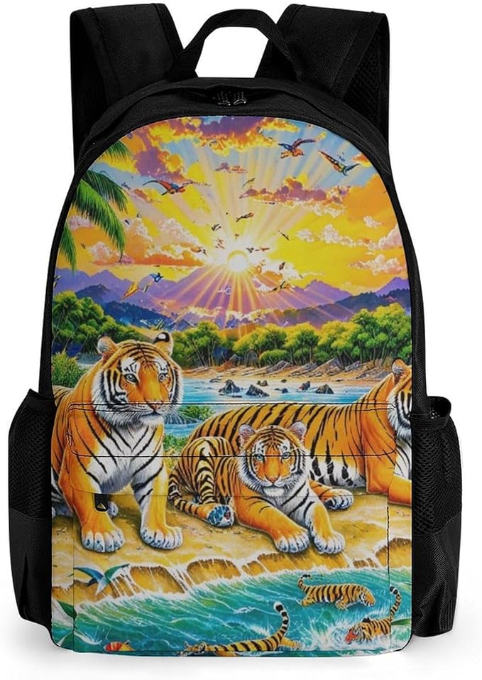 Daypack Backpack Polyester Multipurpose Anti-Theft King Of The Tiger Tropical Rainforest Landscape Jungle Parrot Birds Shoulder Bag Big Capacity Gym Outdoor Hiking Backpack With Smooth Zippers