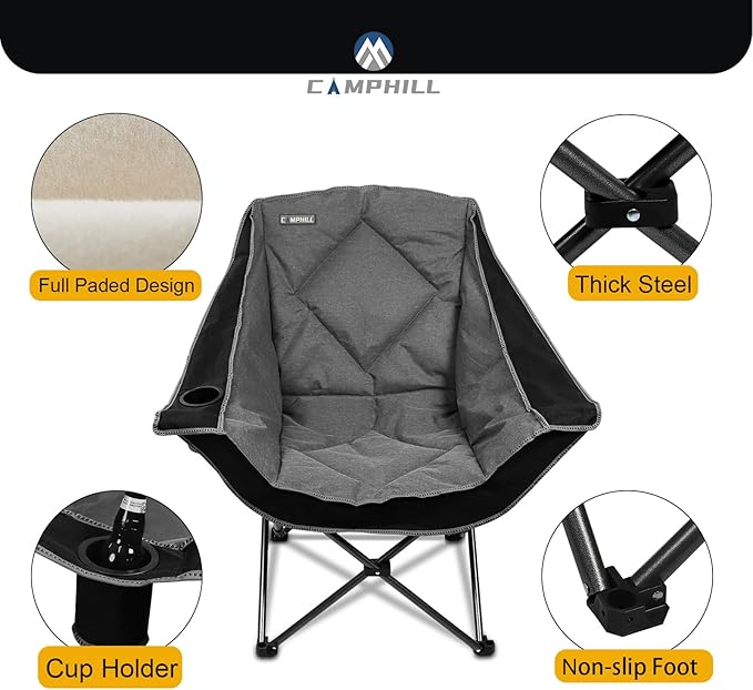 CAMPHILL Folding Camping Chair,Oversized Portable Camping Chair with Cup Holder,Heavy Duty Padded Lawn Chair for Camping, Tailgates, Beach, and Sports