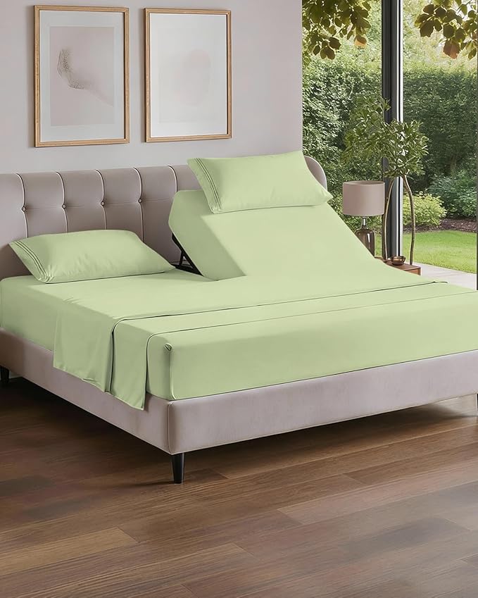 Flex Top Split Head King 4 Piece Sheet Set - Comfy Breathable & Cooling Bed Sheets Set - Hotel Luxury Bedding for Women, Men, Kids, Teens, Boys & Girls - Deep Pockets, Soft, Oeko-Tex, Light Sage Green