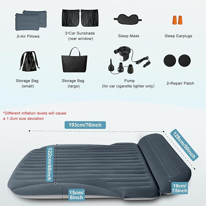 SUV Air Mattress, Double-Sided Thick Flocked Car Air Mattress with Built-in Pump & Pillow, Complete Sleeping Accessories for Auto Camping & Road Trips（Dark Gray）
