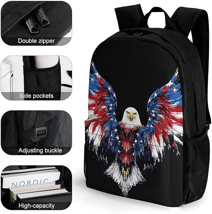 Supdreamc Rucksack Polyester Anti-Theft Multipurpose American Flag And Bald Eagle Patriotic Black Carry On Bag Large Capacity Travel and Sport Backpack Rucksack With Smooth Zippers