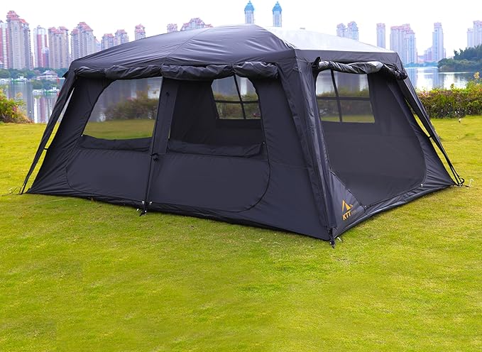 KTT Extra Large Tent 12 Person(A),Awning Family Cabin Tents,2 Rooms,4 Doors and 4 Windows with Mesh,Straight Wall,Waterproof,Double Layer,Big Tent for Outdoor,Picnic,Camping,Family Gathering。