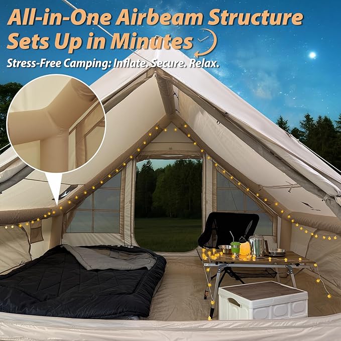 GEERTOP Inflatable Tent for Camping, Large Instant Blow Up Waterproof Glamping Tent House with Stove Jack for Family 4 Person Adult