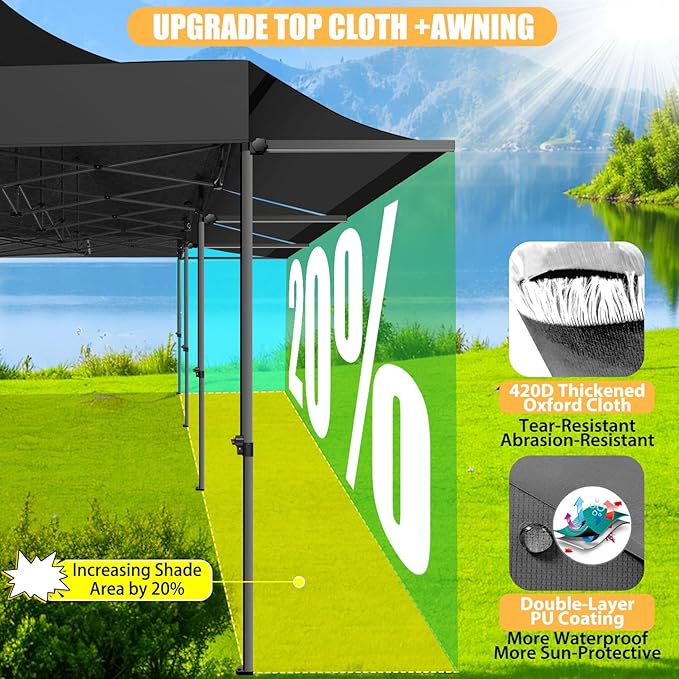 COBIZI 10x30 Pop Up Canopy Tent with Awning,Heavy Duty Canopy UPF 50+ All Season Wind Waterproof Commercial Outdoor Street Vendors Party Tents for Parties Gazebo with Roller Bag(10 x 30 ft Black)