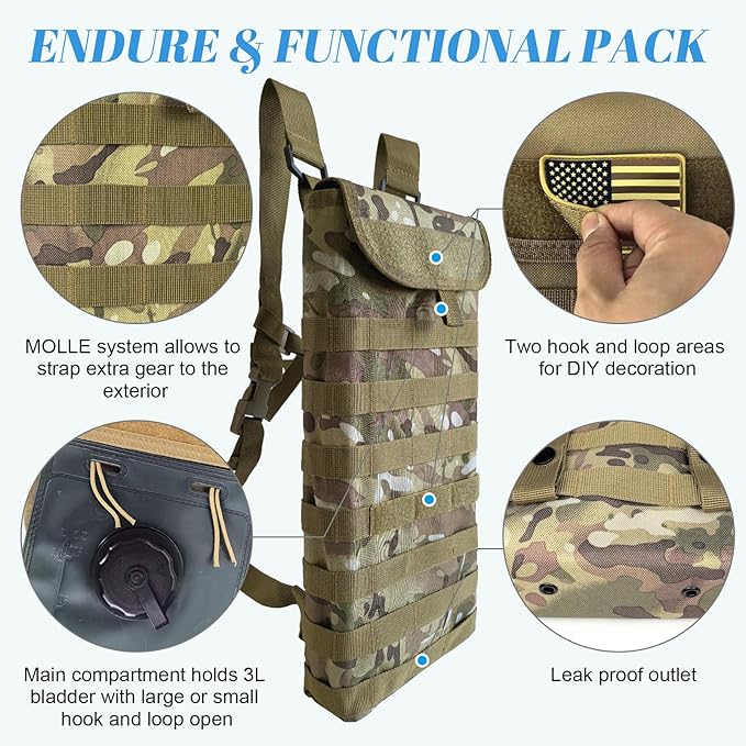 Tactical MOLLE Hydration Pack Carrier Backpack with 3L Water Bladder