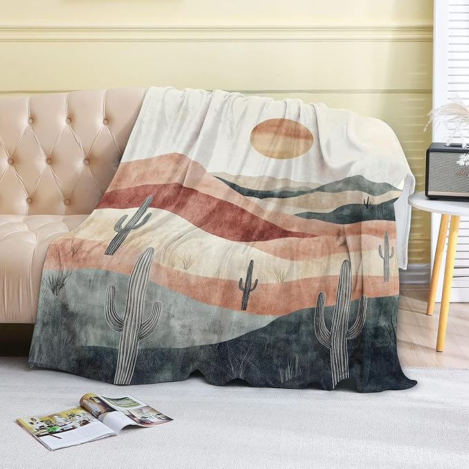 Vintage Desert Sunset Fleece Blanket - 40x50in Cacti Sun Retro Southwestern Throw Blankets,Soft Cozy Lightweight, Ideal for Living Room Home Rustic Decor and Kids Women Girls Spring Gifts