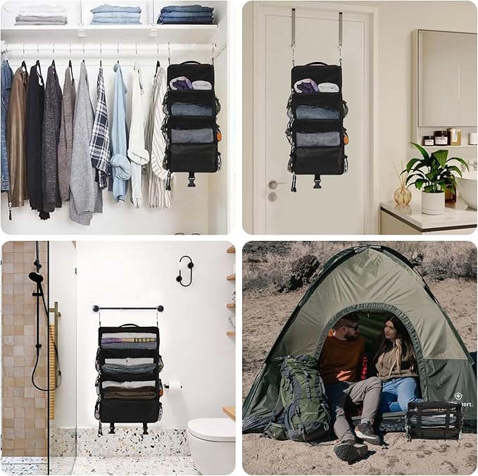Surblue Travel Hanging Packing Cubes with 2 Hooks Hanging Shelves for Luggage Organizers Portable Compression 4 Shelf Closet Carry-on Suitcases Organizers, Medium, Black