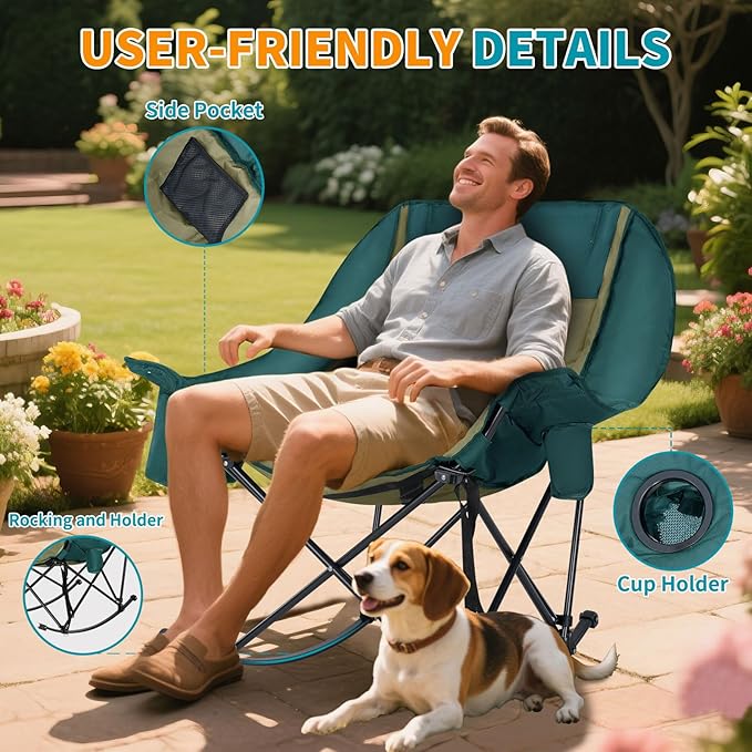 Oversized Rocking Camping Chair for Adults - 330lbs Capacity Heavy Duty Padded Recliner - Folding Lawn Chair with Cooler Bag and Pockets - Portable Rocker Chair Outdoor for Camp Patio Backyard