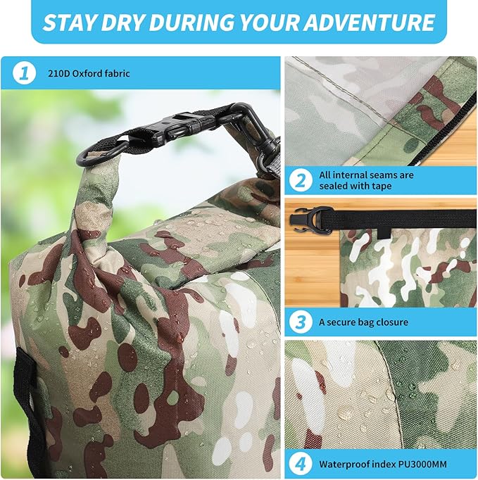 Dry Bags Waterproof Dry Sacks Camouflage Small Lightweight Dry Bag with Strap for Paddle Board Kayaking Fishing Camping Hiking (20L)