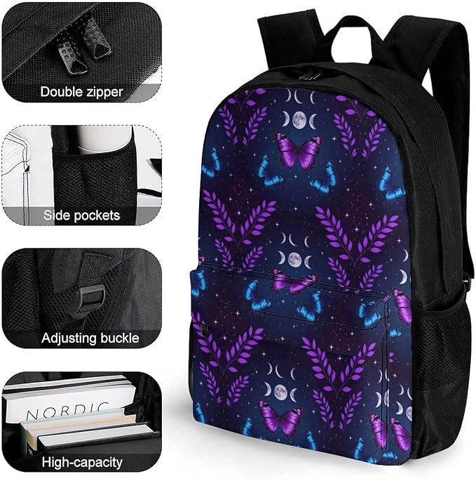 Supdreamc Polyester Daypack Backpack for Climbing Outdoors Running, Big Capacity Multipurpose Anti-Theft Bookbag, Magic Moon Moth Butterfly Mystical Goth Astrology Art Travel Hiking Camping Rucksack