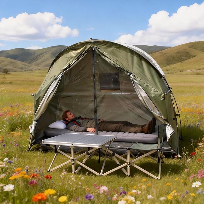 1 Person Cot Tent with Breathable Mesh Door and Screen Windows – Easy to Put Together, All-Weather Shelter for Camping & Backyard, Without Bed