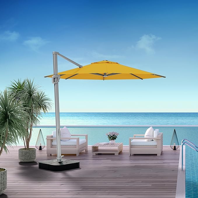 Midtown Umbrellas The Grande Round 10 FT Outdoor Cantilever Patio Umbrella w/Sunbrella Yellow Acrylic Fabric - 8 Rib Aluminum Frame Offset w/Tilt And 360° Rotate Pedal System - Silver Frame
