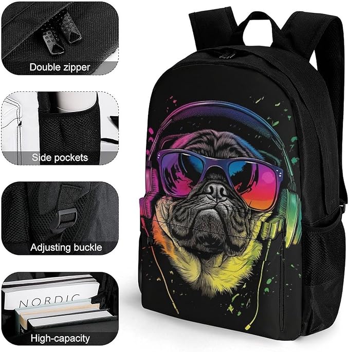 Supdreamc Daypack Backpack Multipurpose Anti-Theft Large Capacity Bookbag, Dj Pug Black Travel Hiking Camping Rucksack With Adjustable Shoulder Straps
