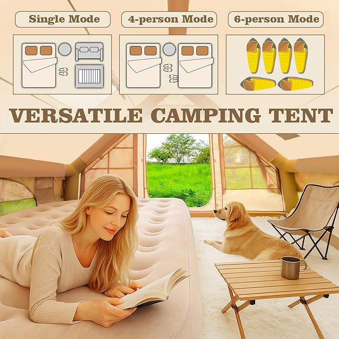 Inflatable Tents for Camping, Large Inflatable Camping Tent with Hand Pump, Easy Setup Tents for 2/4/6/8/10/12 People, Portable Glamping Tent