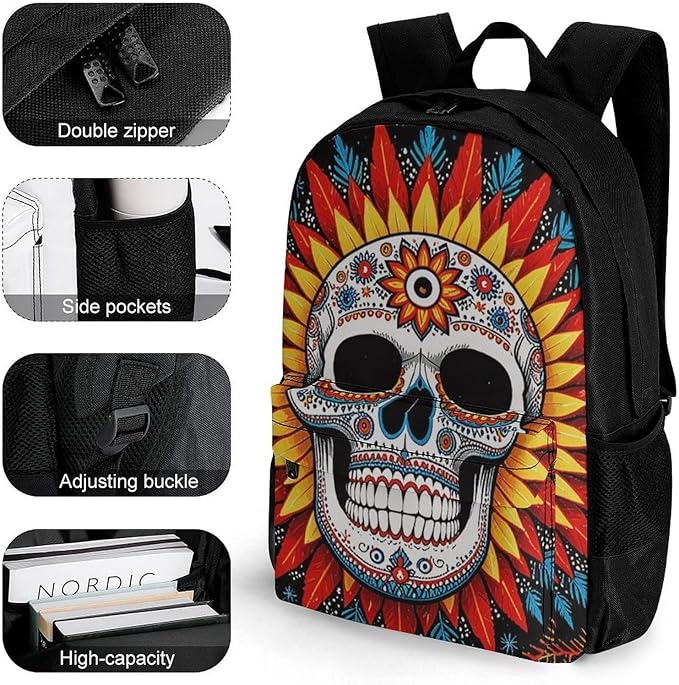 Supdreamc Men Women Polyester Sugar Skull Sun Backpack Large Capacity Bookbag With Smooth Zippers for Climbing Picnic Bicycle
