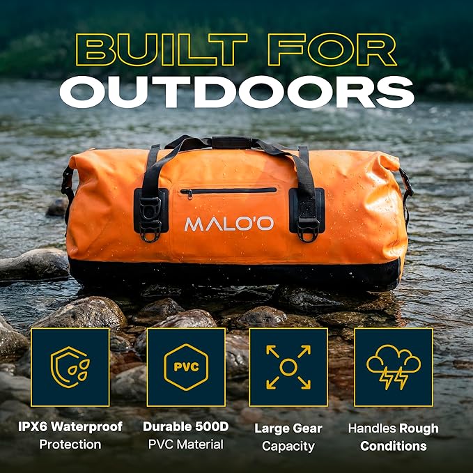 Malo’o Waterproof Dry Duffel, Heavy-Duty Roll Top Waterproof Gear Bag with Shoulder Strap & Molle Loops, Marine Duffel for Kayaking, Boating, Camping, Beach & Travel, Orange, 100L