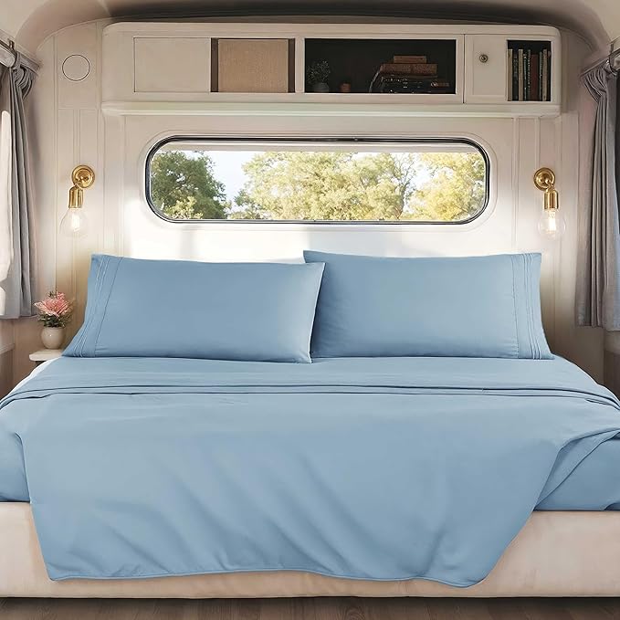 Hearth & Harbor Short Queen Sheets for RV, Stone Blue RV Queen Sheets, Silky Soft 1800 Microfiber Bed Sheet for Camper, 4 Piece RV Bedding with Pillowcases