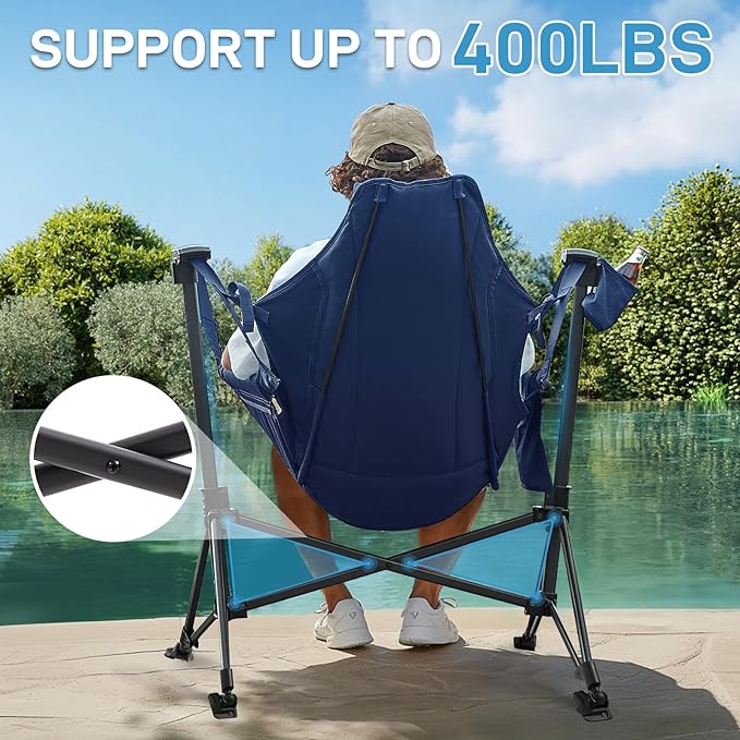 EVER ADVANCED Padded Hammock Camping Chair, Oversized Heavy Duty Swing Chair with Detachable Cup Holder, Portable Folding Rocking Camping Chair, Support Up to 400lbs