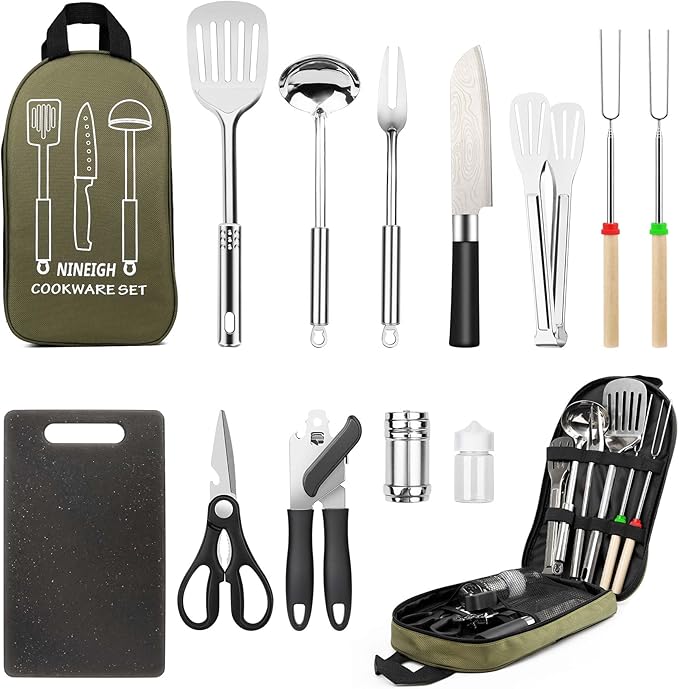 Camping Cooking Utensils Set, Stainless Steel Grill Tools, Camping BBQ Cookware Gear and Equipment for Travel Tenting RV Van Picnic Portable Kitchen Essentials Accessories