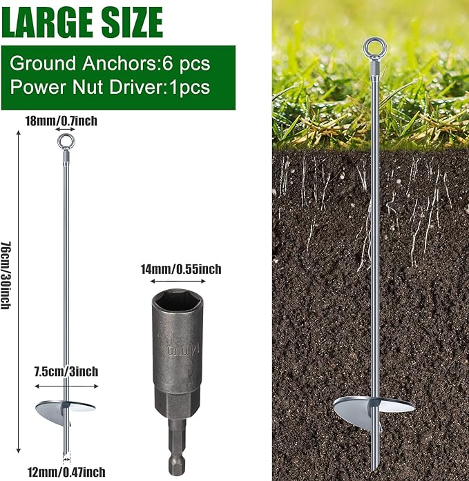 Gisafai 6 Pcs 30 Inch Long Ground Anchors Spiral Blade Earth Shed Anchor Kit Heavy Duty Tent Trampoline Hook 12 mm Thick Metal Swing Set Wind Stake for Mobile Home Canopies (Silver)